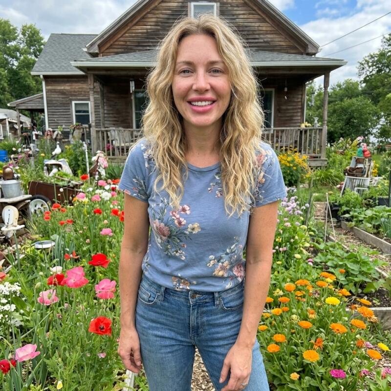 Emily, the face behind The Garden Fix, standing in her flower garden
