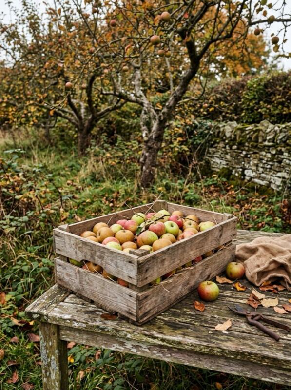 Apples in a Wooden Crate – autumn idea for a small UK garden