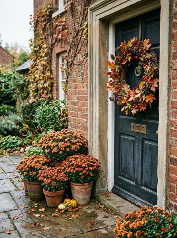 Chrysanthemums by the Front Door – autumn idea for a small UK garden