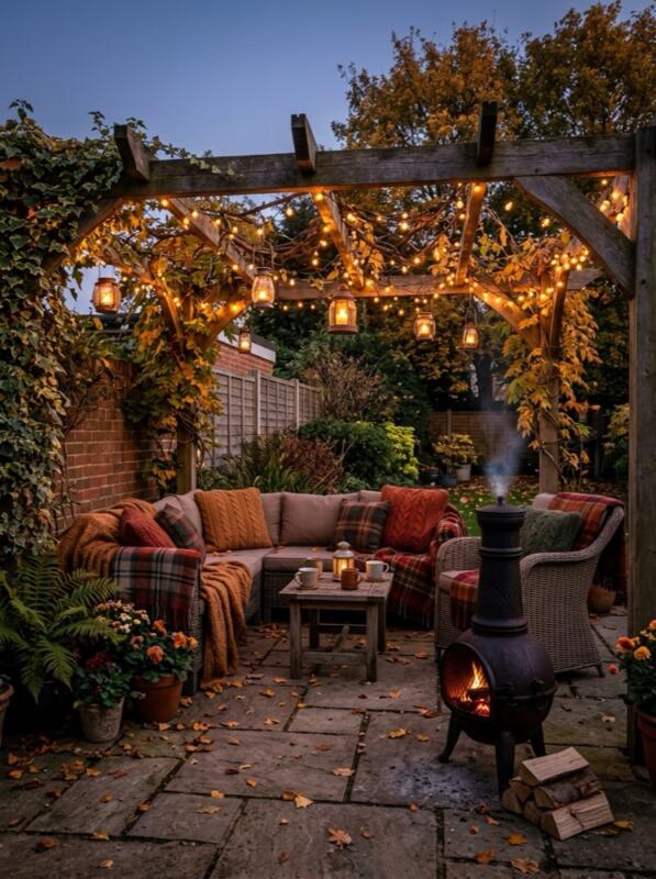 A Cosy Seating Corner with a Chiminea – autumn idea for a small UK garden