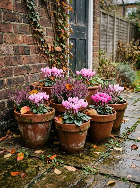 Pots of Cyclamen and Heather – autumn idea for a small UK garden