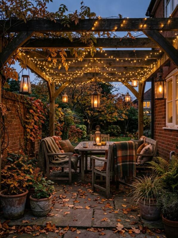 Warm Lights Under a Pergola – autumn idea for a small UK garden