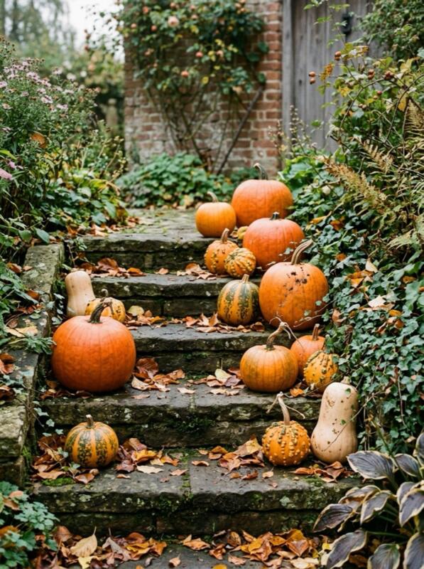 Pumpkins and Squash on the Garden Steps – autumn idea for a small UK garden
