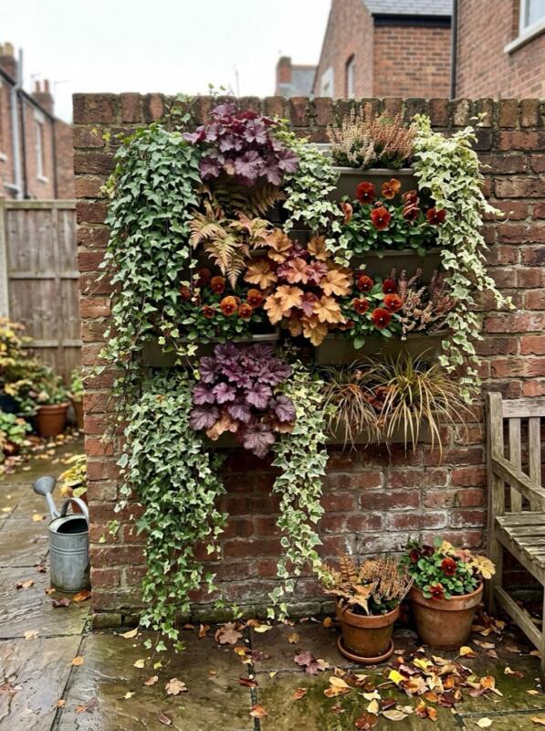 Vertical Wall Planters with Autumn Foliage – autumn idea for a small UK garden