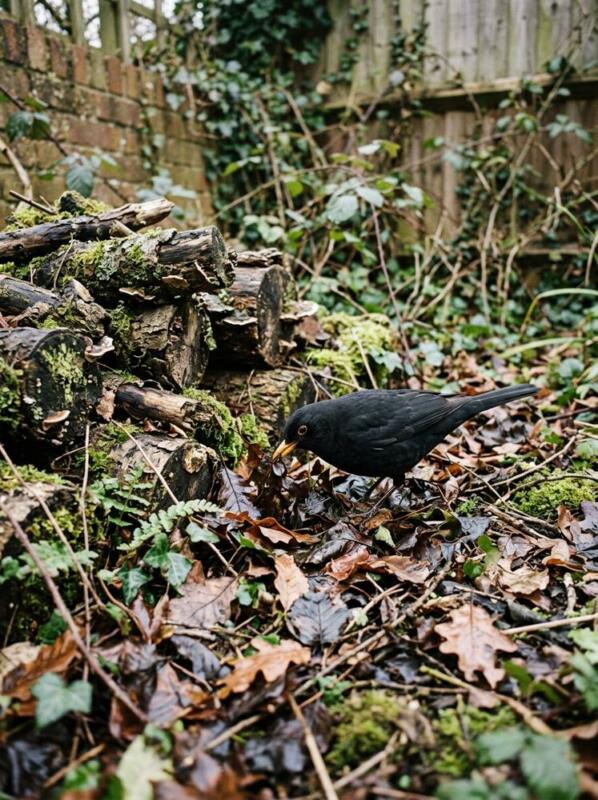 A Log Pile and Leaf Litter – bird-friendly garden idea for UK winter