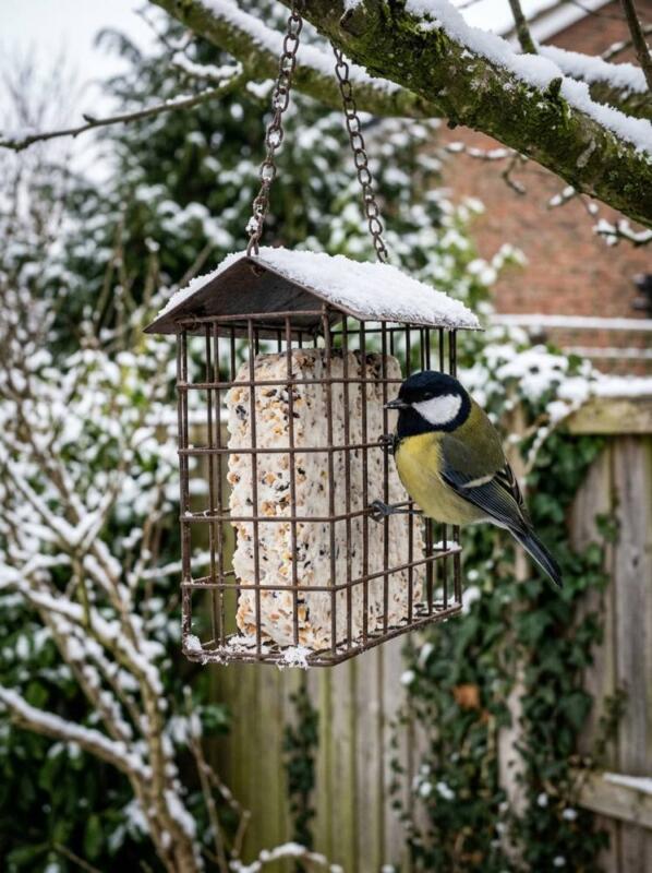 A Suet Feeder in the Snow – bird-friendly garden idea for UK winter