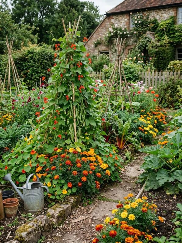 A Bean Wigwam Edged with Marigolds – cottage garden idea for UK homes