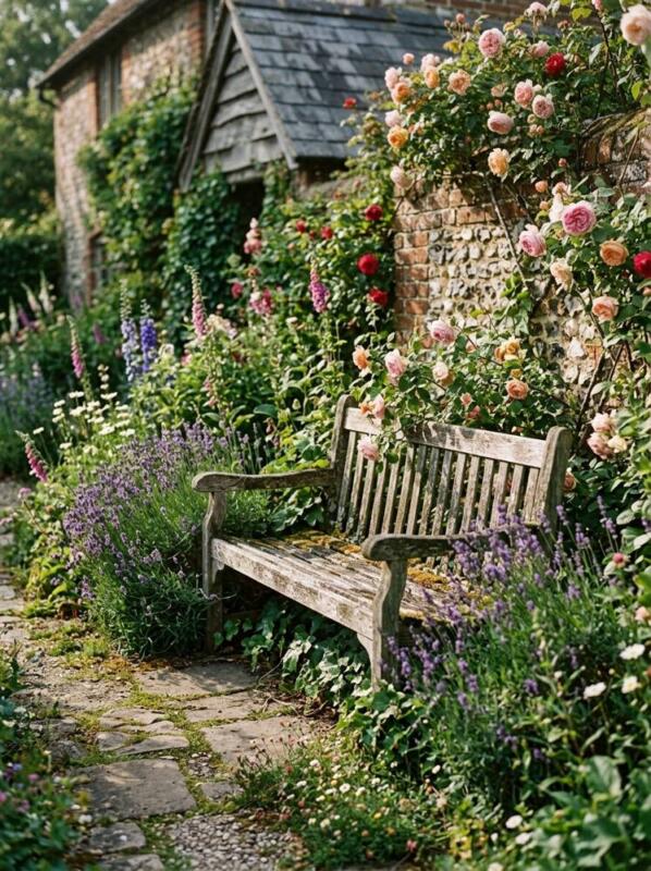 A Weathered Bench Beside Lavender – cottage garden idea for UK homes