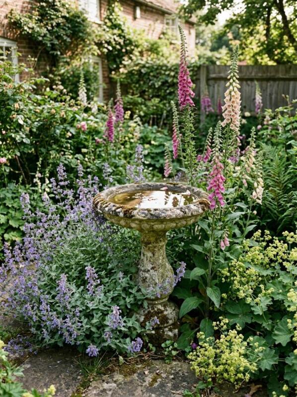 A Stone Birdbath Among Foxgloves and Catmint – cottage garden idea for UK homes