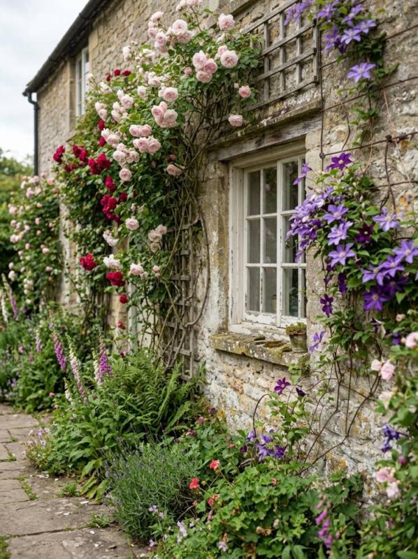 Climbing Roses and Clematis up the Cottage Wall – cottage garden idea for UK homes