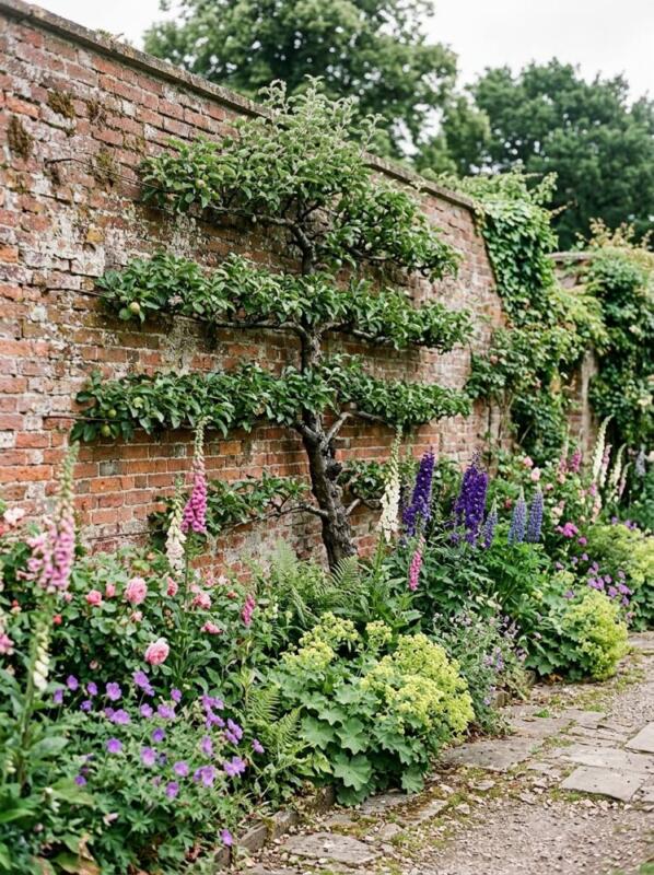 Espalier Fruit Trees on an Old Brick Wall – cottage garden idea for UK homes