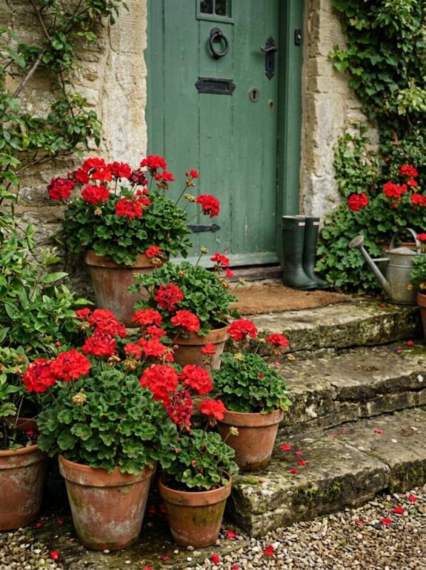 Terracotta Pots of Red Geraniums by the Door – cottage garden idea for UK homes