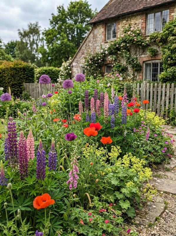 Lupins, Poppies and Lady’s Mantle Borders – cottage garden idea for UK homes