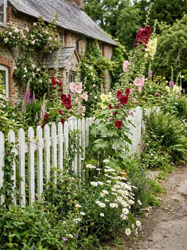 A White Picket Fence with Hollyhocks – cottage garden idea for UK homes