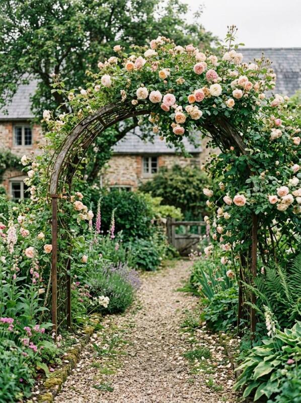A Rose Arch over a Gravel Path – cottage garden idea for UK homes