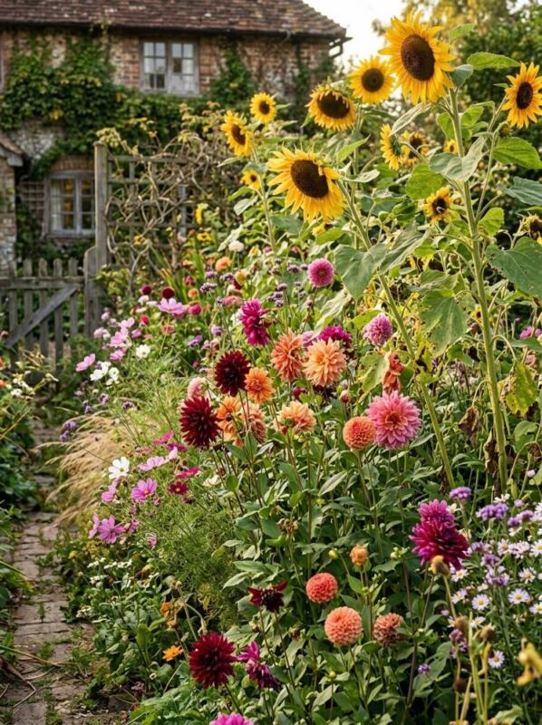 Sunflowers and Dahlias for Late Colour – cottage garden idea for UK homes