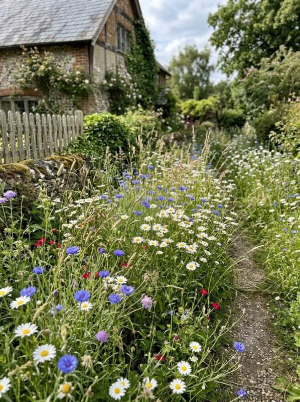 A Wildflower Path with Cornflowers and Daisies – cottage garden idea for UK homes
