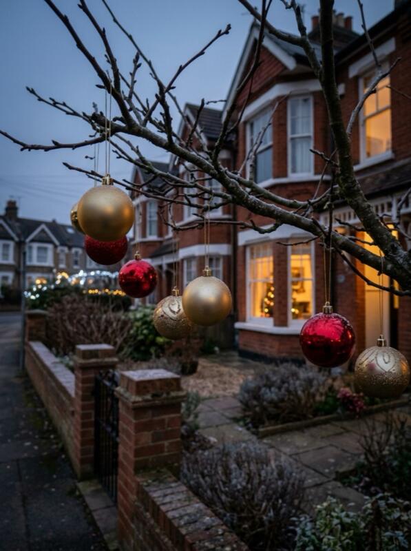 Giant Baubles Hanging in a Front Garden Tree – Christmas front garden idea for UK homes