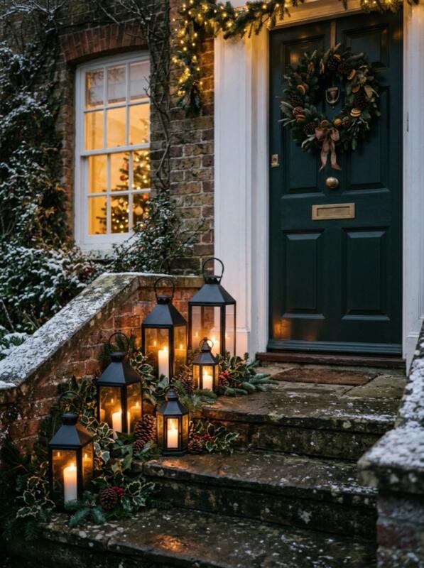 Black Lanterns on the Porch Steps – Christmas front garden idea for UK homes