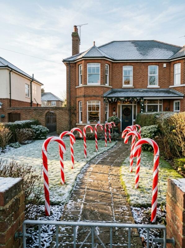 Giant Candy Canes Along the Path – Christmas front garden idea for UK homes