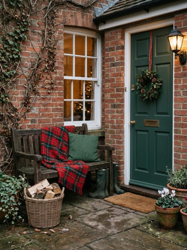 Cosy Porch Bench with Tartan Blanket – Christmas front garden idea for UK homes