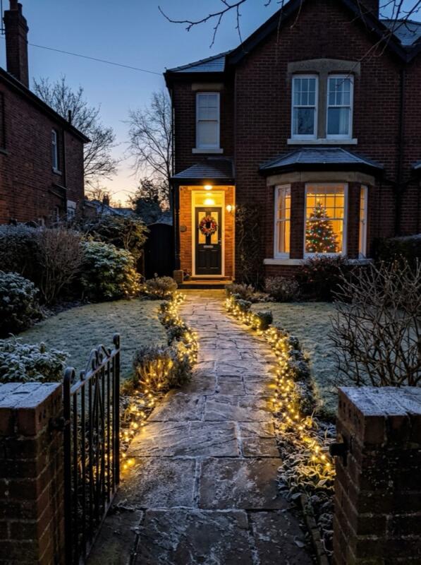 Fairy Lights Lining the Garden Path – Christmas front garden idea for UK homes