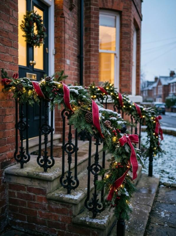 Garland and Ribbon on a Porch Railing – Christmas front garden idea for UK homes
