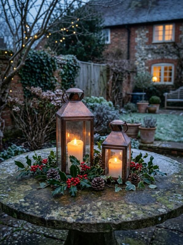 Copper Lanterns on a Patio Table – Christmas front garden idea for UK homes