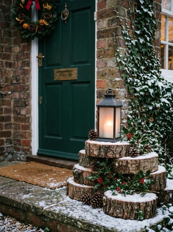 Stacked Log Slices with a Lantern – Christmas front garden idea for UK homes