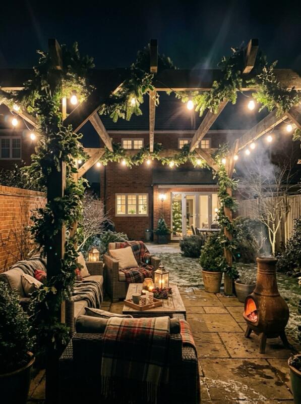 Pergola with Garland and Festoon Lights – Christmas front garden idea for UK homes