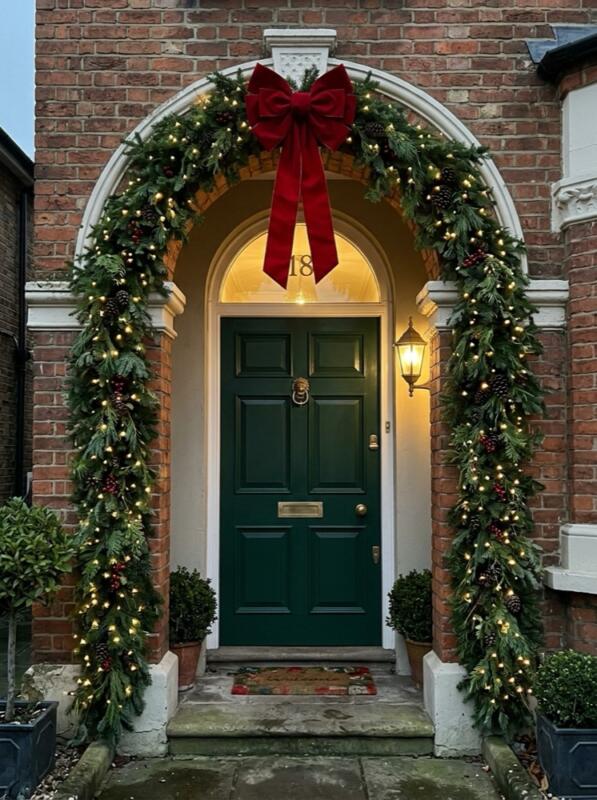 Evergreen Garland Arch with a Big Red Bow – Christmas front garden idea for UK homes
