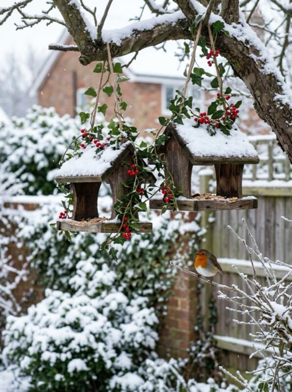 Decorated Bird Feeders for the Robins – Christmas front garden idea for UK homes