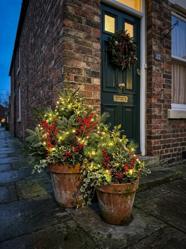 Terracotta Pots with Evergreens and Berries – Christmas front garden idea for UK homes
