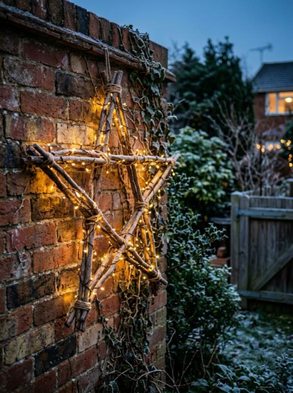 Twig Star on a Garden Wall – Christmas front garden idea for UK homes