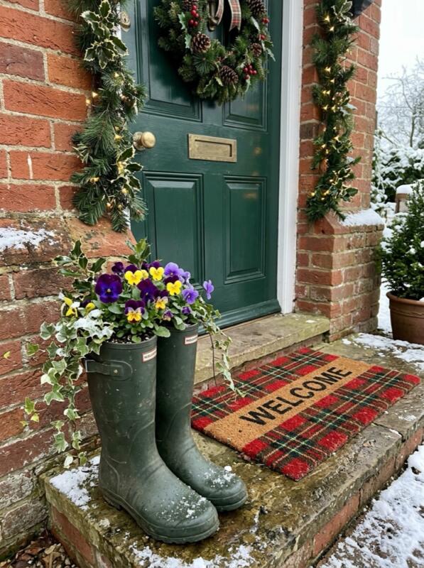 Wellies Planted with Winter Pansies – Christmas front garden idea for UK homes