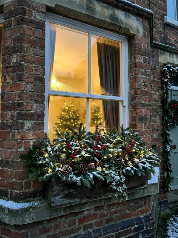 Festive Window Boxes with Greenery and Berries – Christmas front garden idea for UK homes