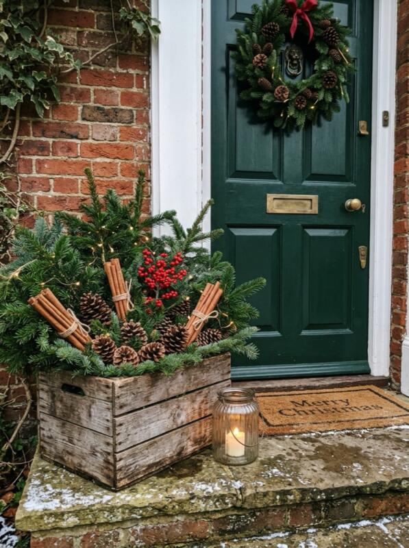 Wooden Crate Planter with Cones and Cinnamon – Christmas front garden idea for UK homes