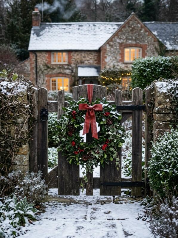 Wreath on the Garden Gate – Christmas front garden idea for UK homes