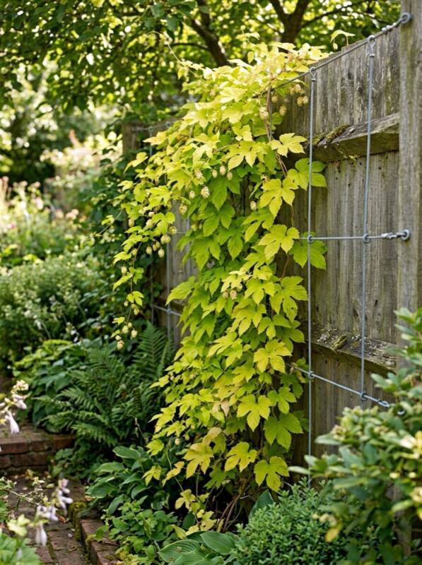 Golden Hop Vine on Wires – climbing plant idea for UK gardens