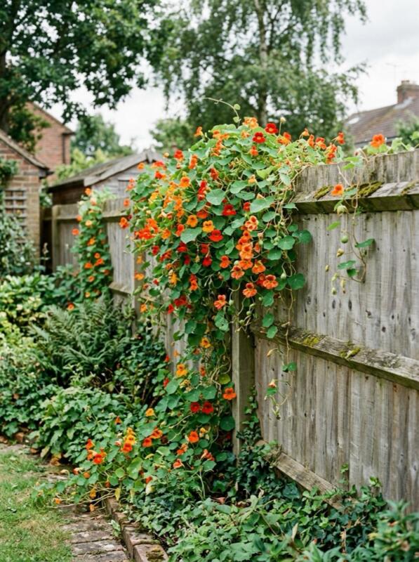 Nasturtiums on a Wooden Fence – climbing plant idea for UK gardens