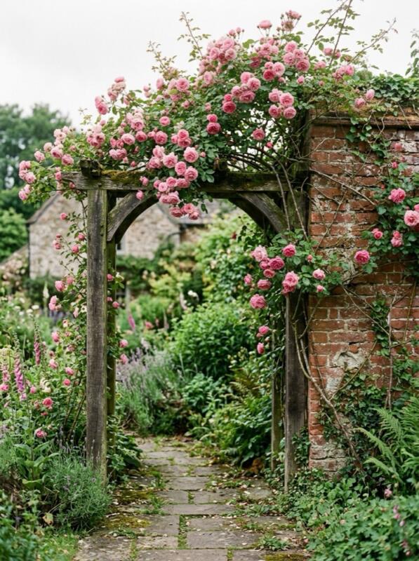 Pink Climbing Rose on a Brick Wall – climbing plant idea for UK gardens