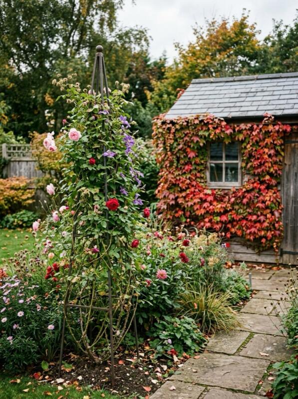 A Rose on an Obelisk in the Border – climbing plant idea for UK gardens