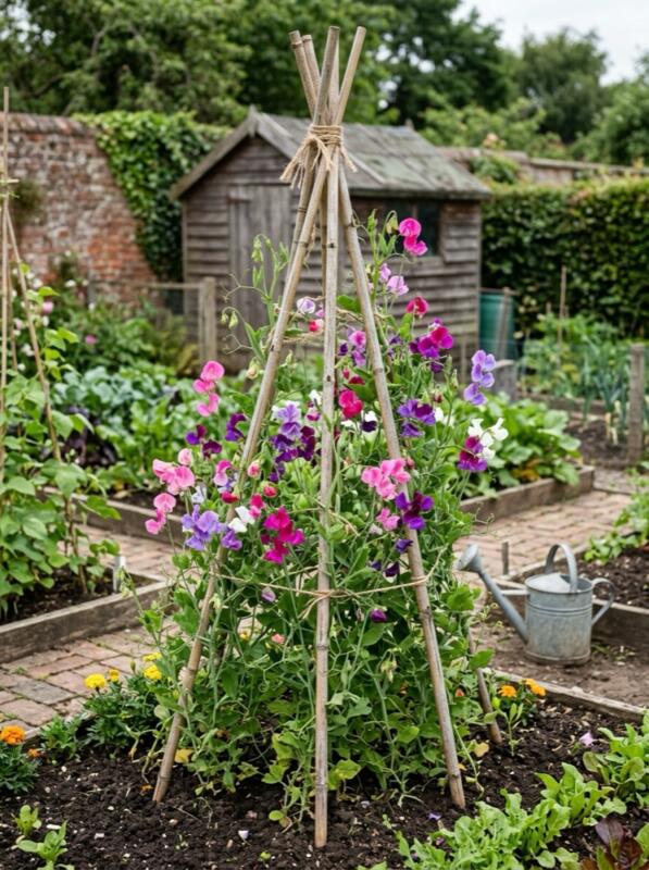 Sweet Peas on a Wigwam – climbing plant idea for UK gardens