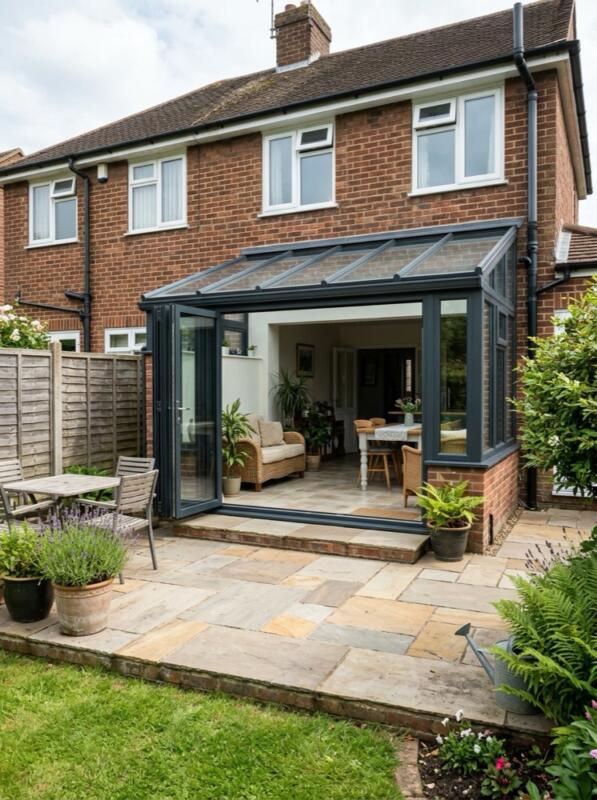 Bifold Doors Opening onto the Patio – conservatory idea for UK homes