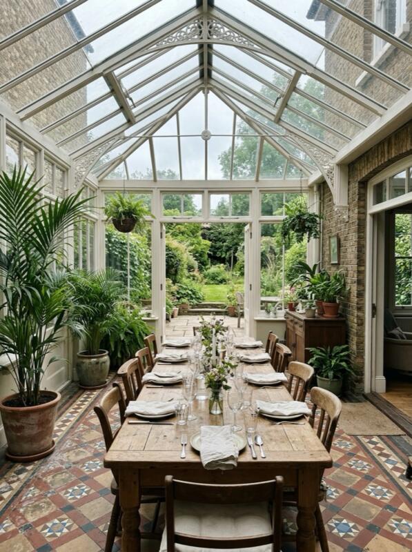 A Long Dining Table with Garden Views – conservatory idea for UK homes