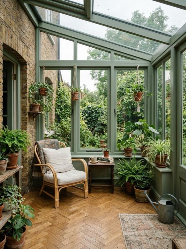 Sage Green Frames and a Herringbone Floor – conservatory idea for UK homes