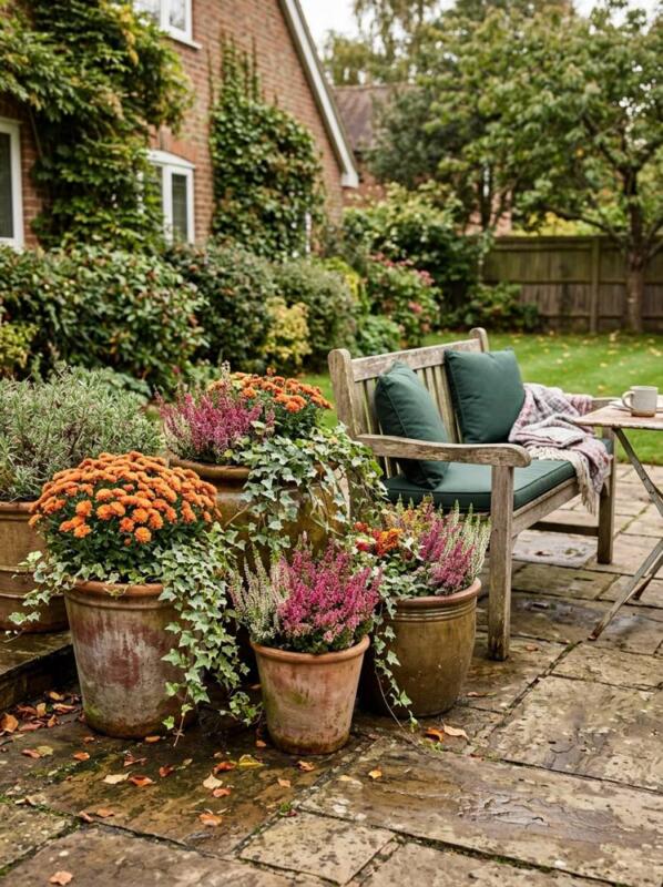 Pots of Chrysanthemums and Heather – cosy patio idea for UK gardens