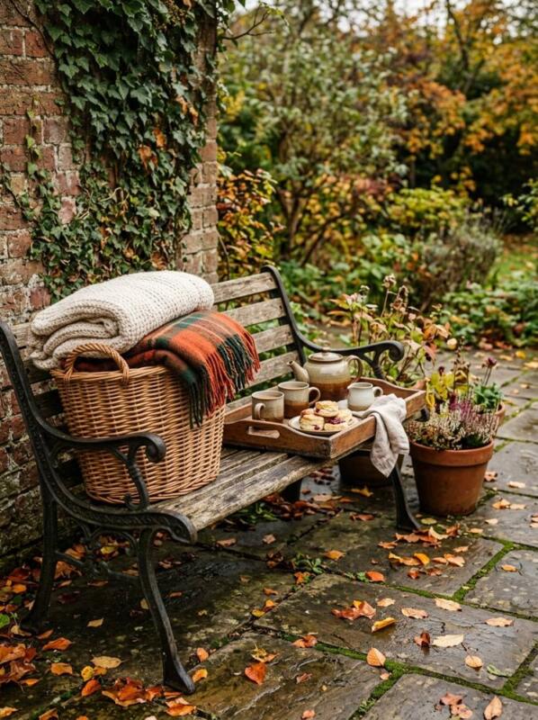 A Bench with a Blanket Basket and Tea Tray – cosy patio idea for UK gardens