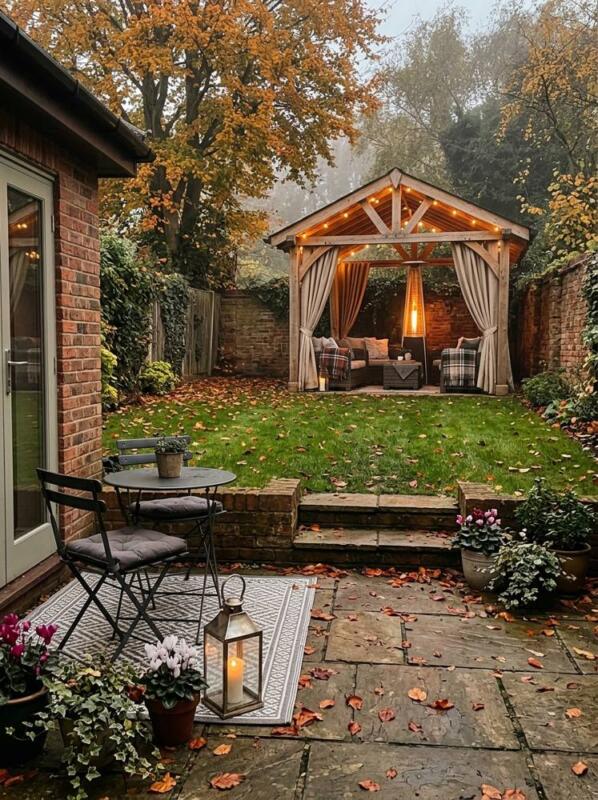 A Small Bistro Set with a Rug and Lantern – cosy patio idea for UK gardens
