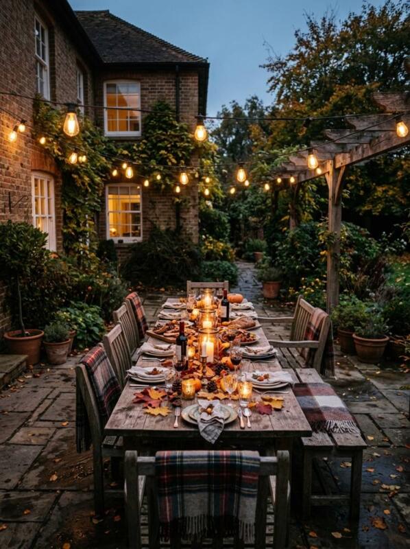 Festoon Lights over the Dining Table – cosy patio idea for UK gardens